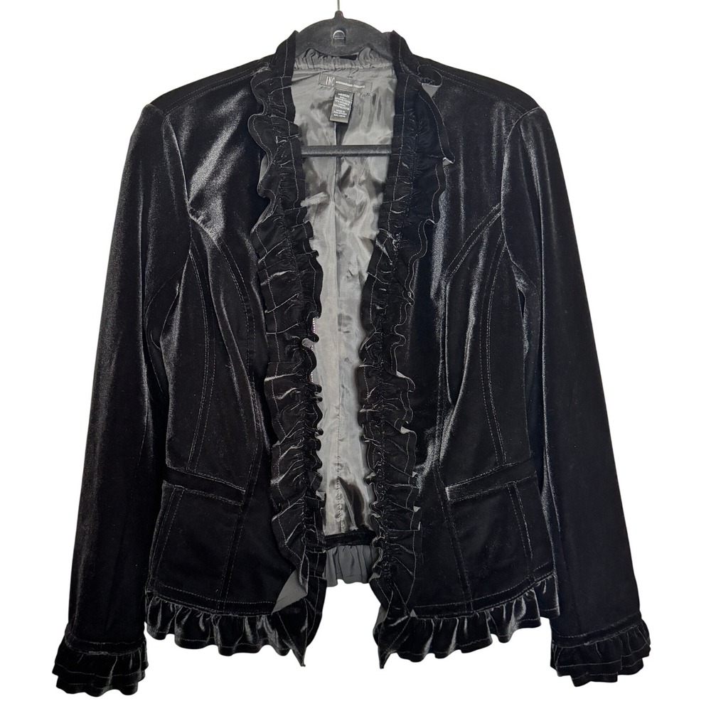 INC Black Velvet Goth Romantic Ruffle Blazer M Jacket Equestrian Riding Fairy - Picture 3 of 16